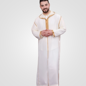 Front view of white and gold Moroccan djellaba