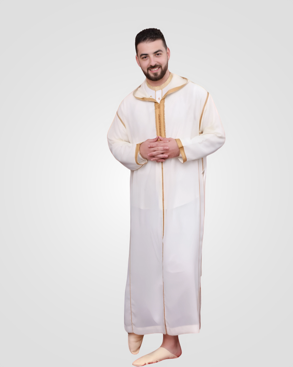 Front view of white and gold Moroccan djellaba