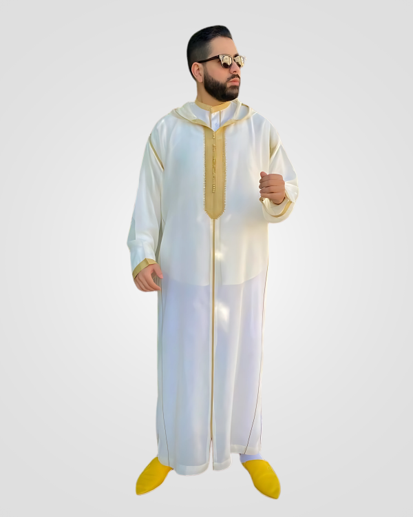 Front view of white and gold Moroccan djellaba