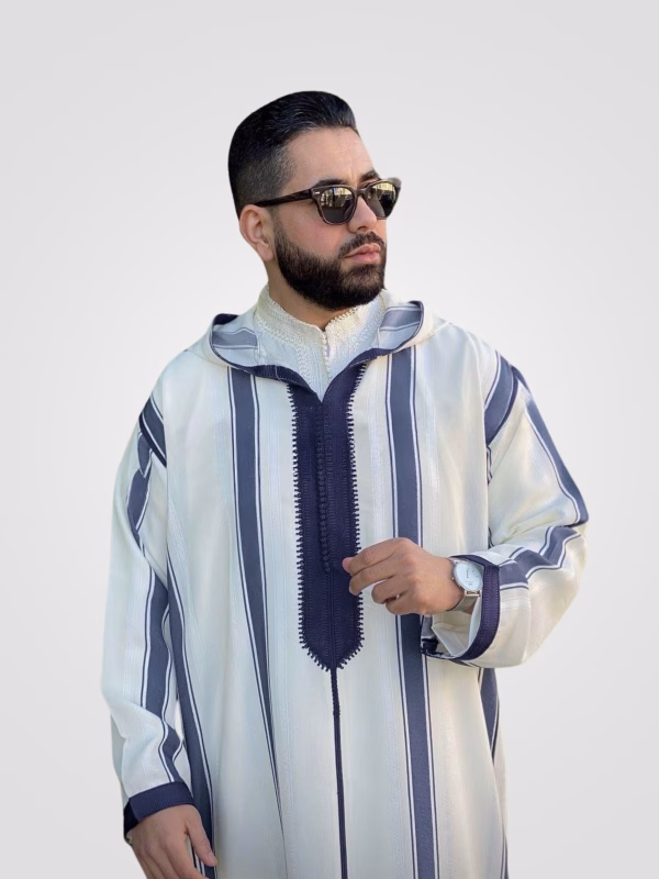 Royal blue and white Moroccan thobe with detailed embroidery